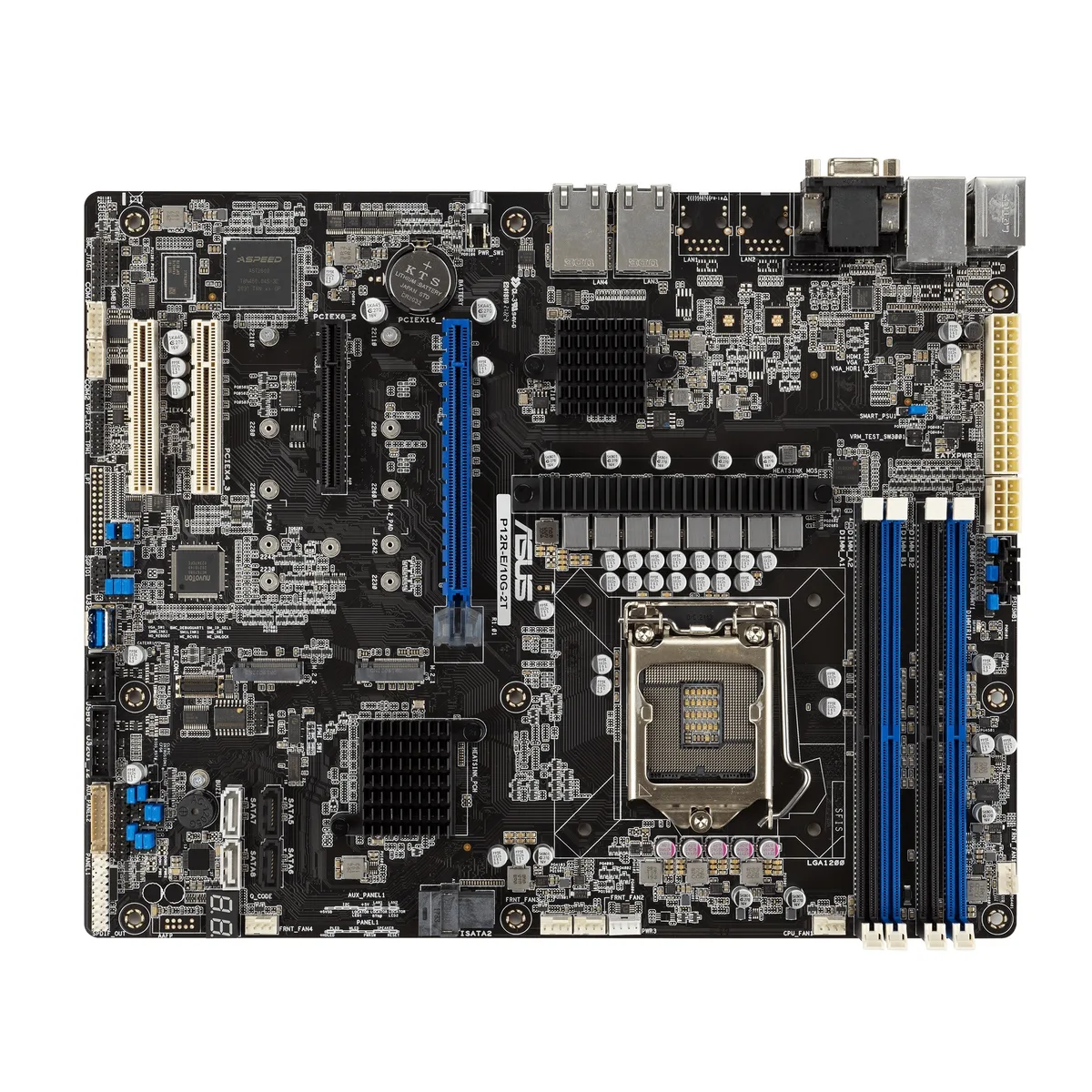 ATX server motherboard with dual 10G LAN ports, eight SATA connectors, four DDR4 slots, two M.2 slots, HDMI and VGA outputs