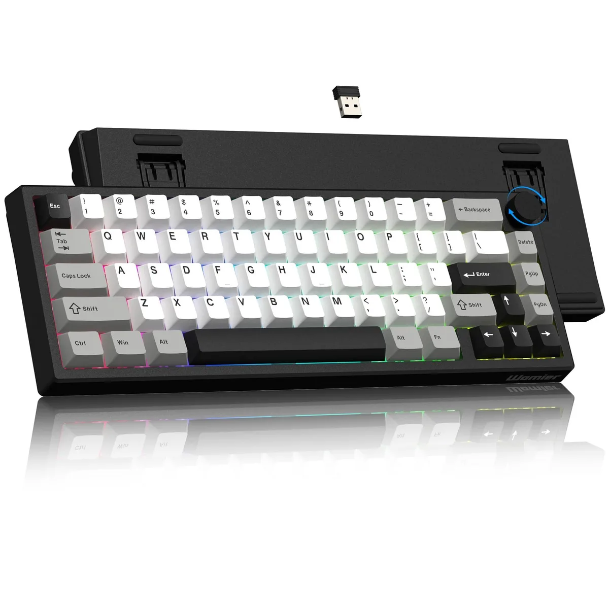 Compact black 60 percent keyboard with metal knob and RGB lighting