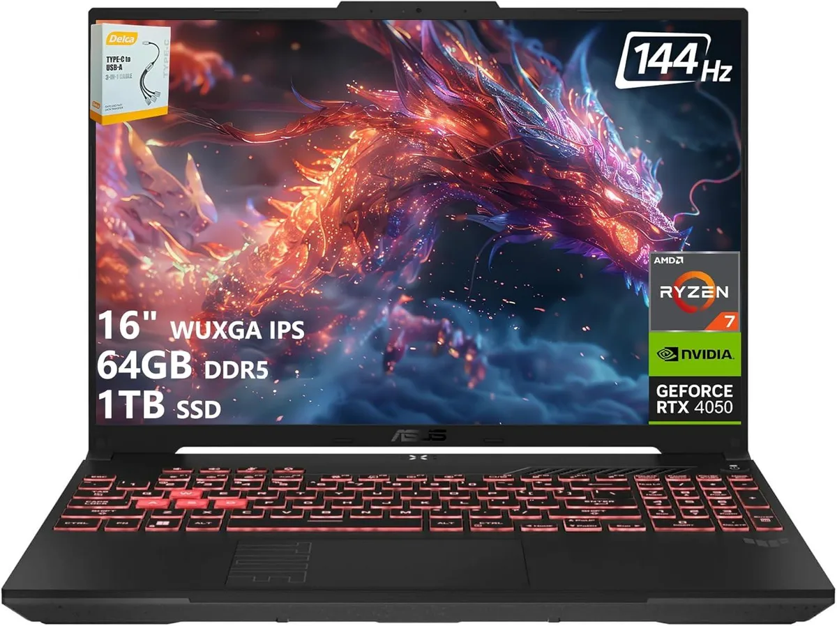 Black 16 inch gaming laptop with matte finish and RGB keyboard