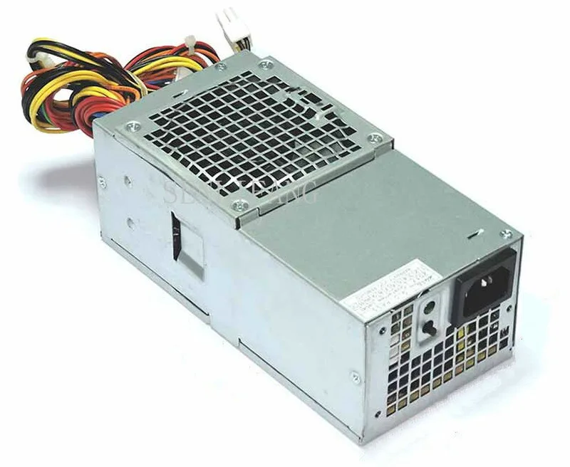 Black desktop power supply unit with side label and rear fan grille