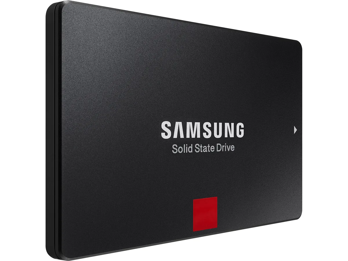 Rectangular black metal 2.5 inch SATA SSD with silver label