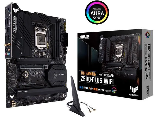ATX motherboard with black and grey heatsinks, large VRM cooling, three M.2 covers, rear I/O shield, yellow TUF branding