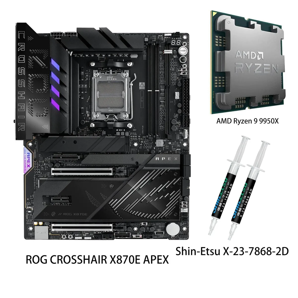 ATX motherboard in dark finish with massive heatsinks, integrated I/O cover, ROG DIMM.2 card