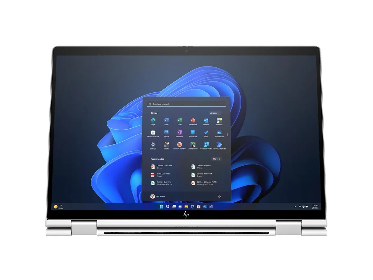 Silver 14-inch convertible laptop with 360-degree hinge and touchscreen display