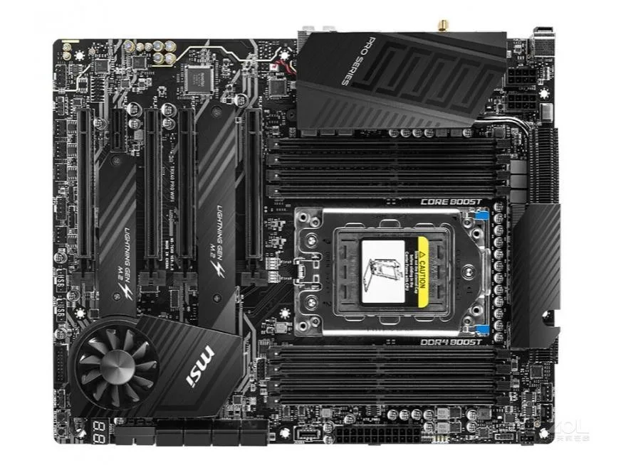 Rectangular ATX motherboard, black PCB with silver heatsinks and I/O shield