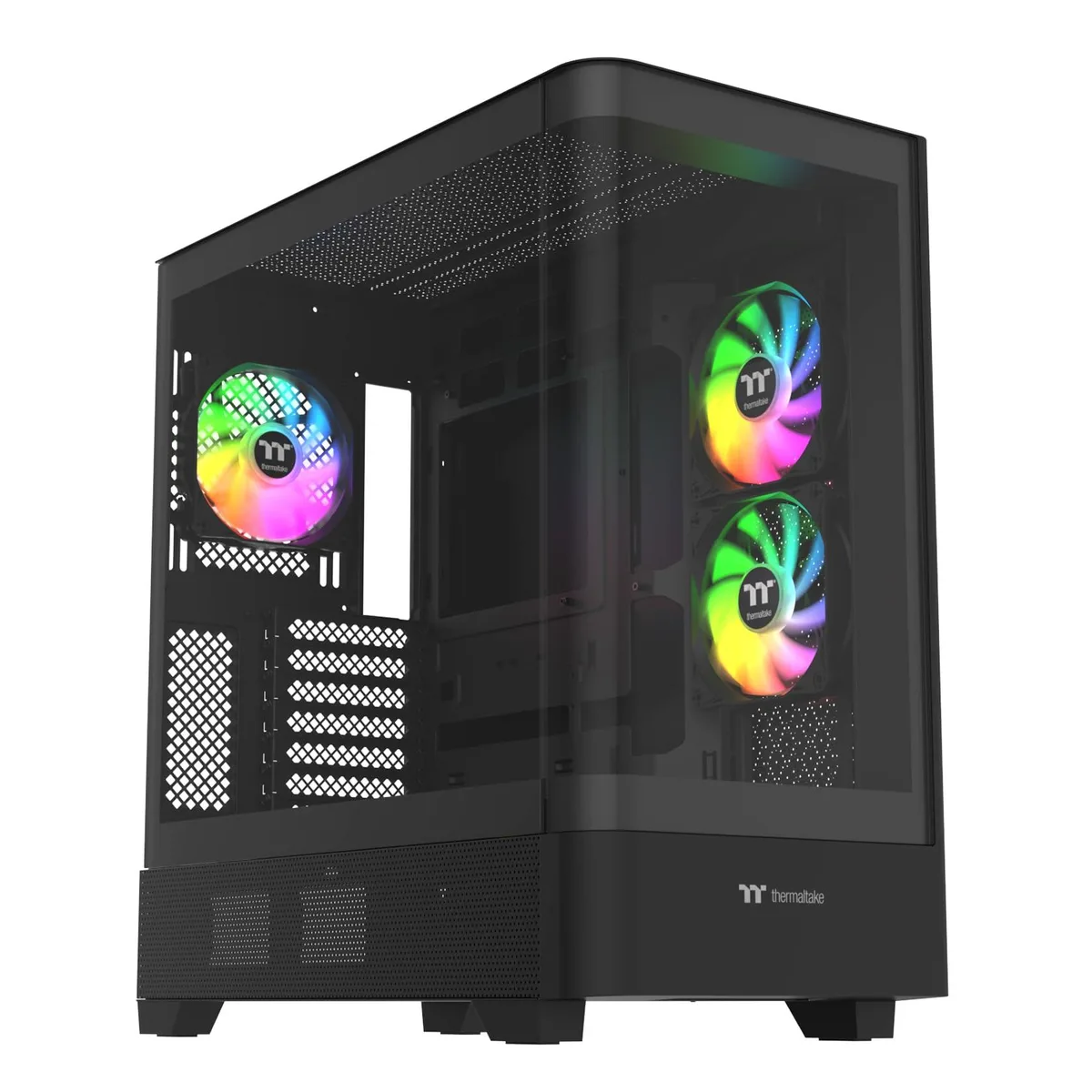 Black mid-tower case with curved tempered glass front and side panels, three 120mm ARGB fans visible inside