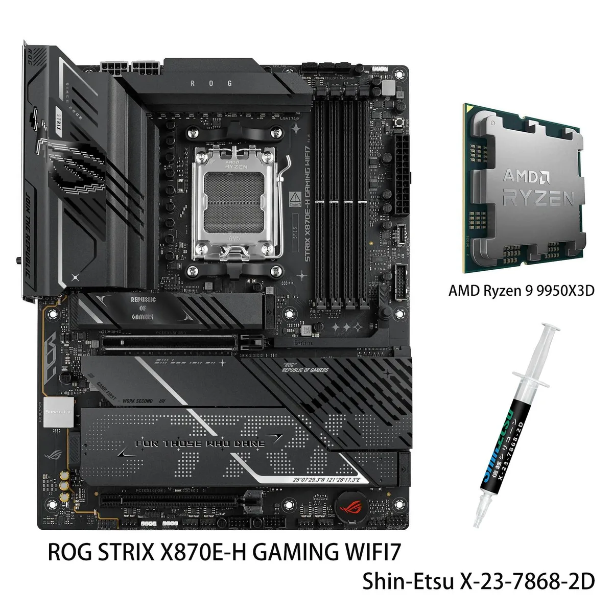 ATX motherboard with silver heatsinks, black PCB and installed CPU cooler