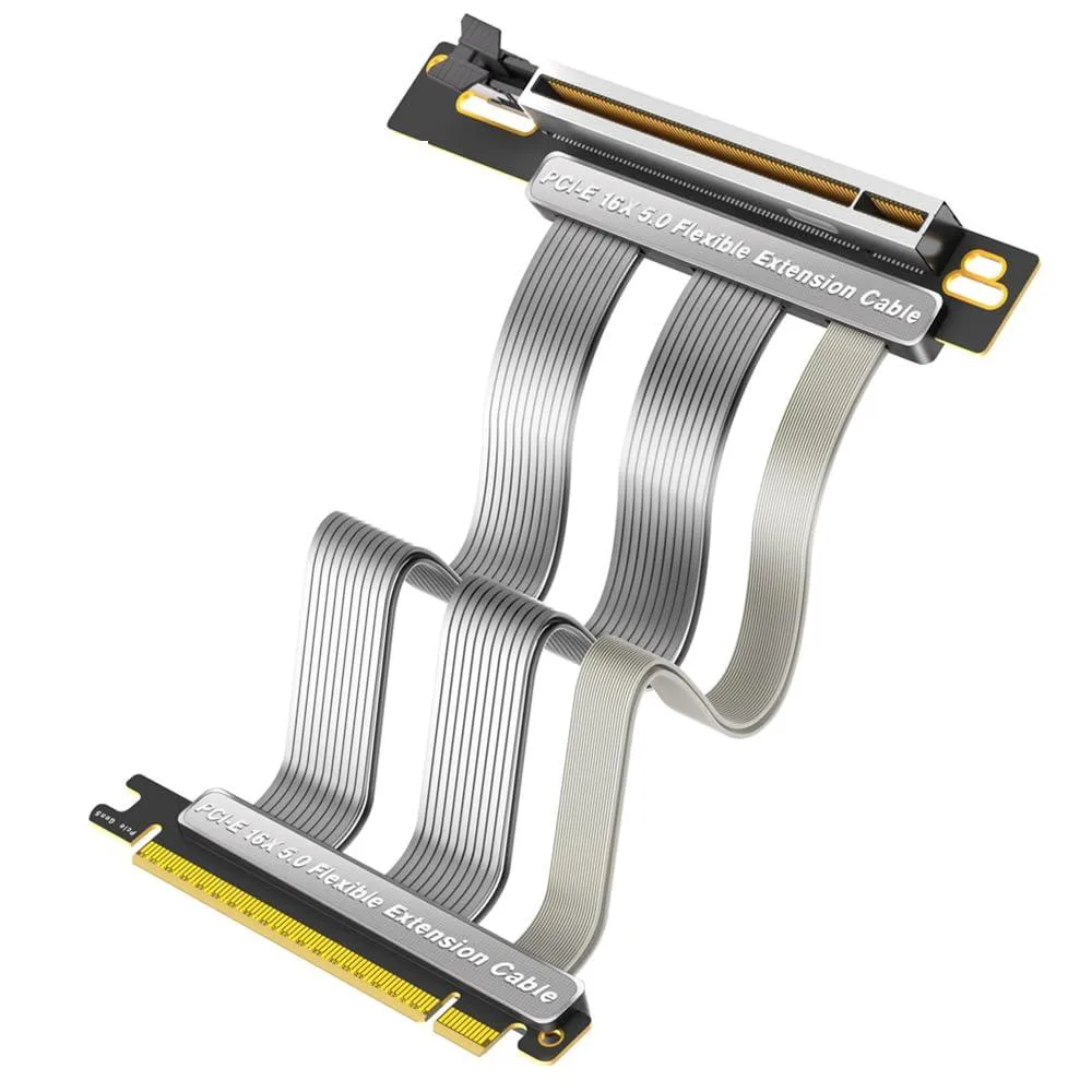 Flat black PCIe 5.0 16X riser cable with 90-degree connector, 20cm length