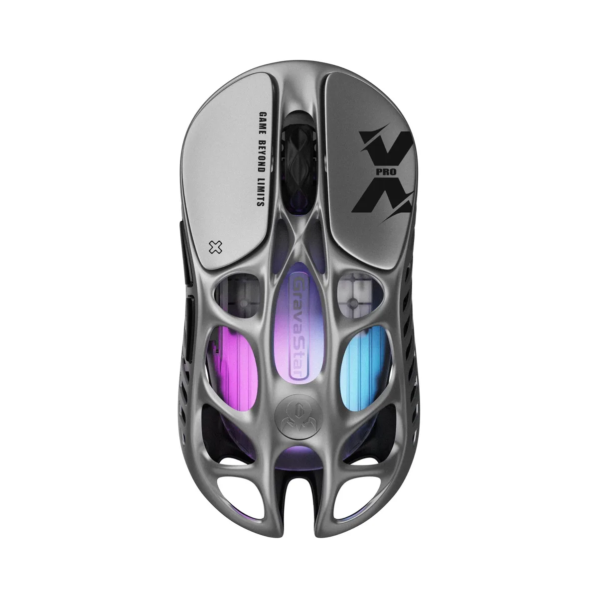 A lightweight silver gaming mouse with a magnesium alloy hollow frame, five buttons and RGB lighting