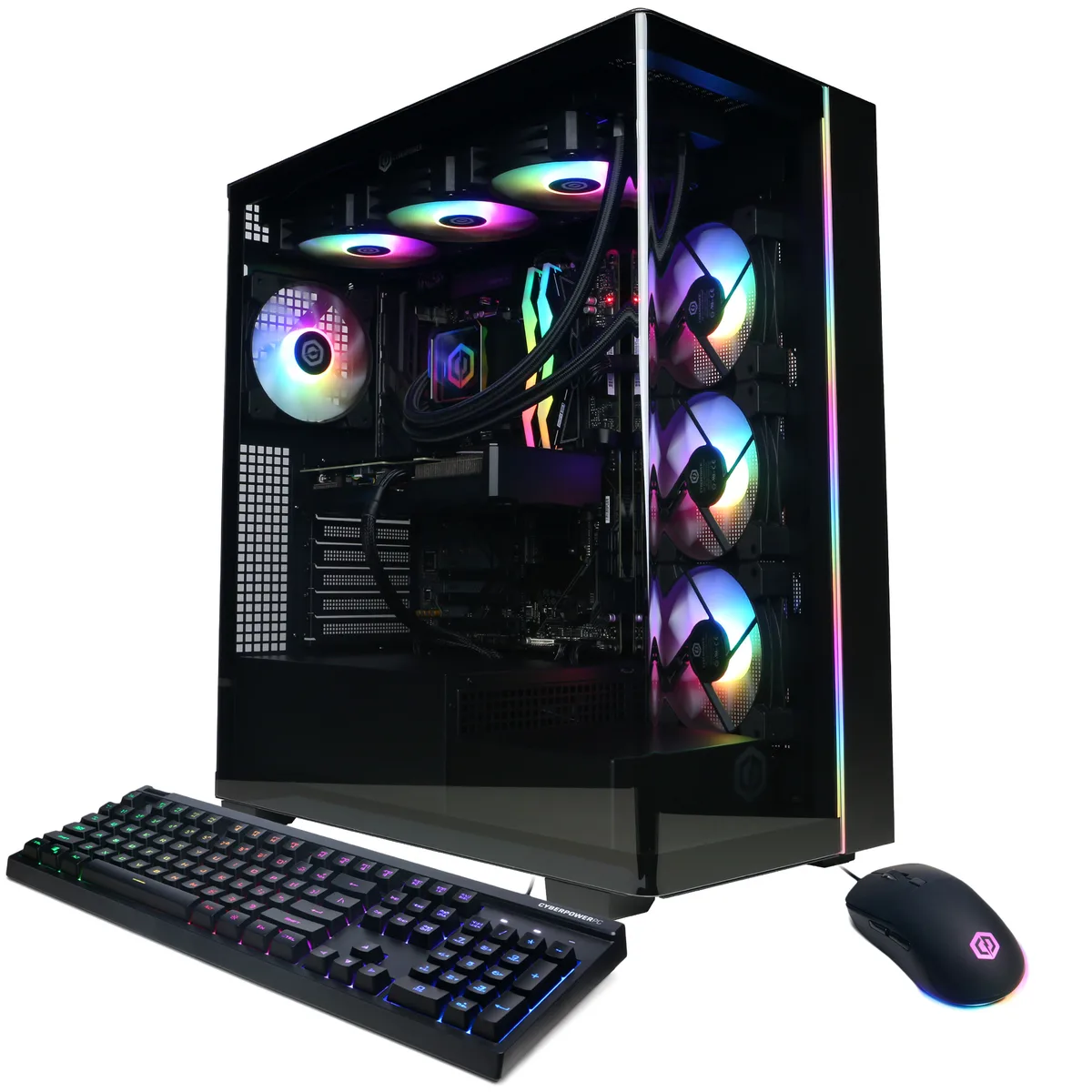 Black mid-tower gaming desktop with RGB keyboard and mouse