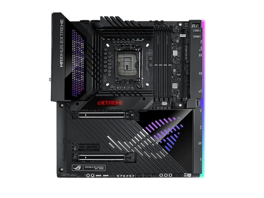 Large E-ATX motherboard, dark PCB with silver heatsinks and I/O shield