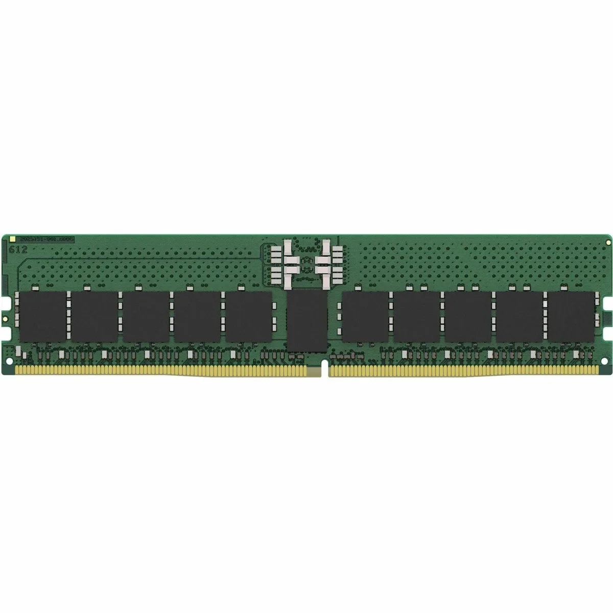 Green 288-pin DDR5 DIMM module with black chips and silver heatspreader