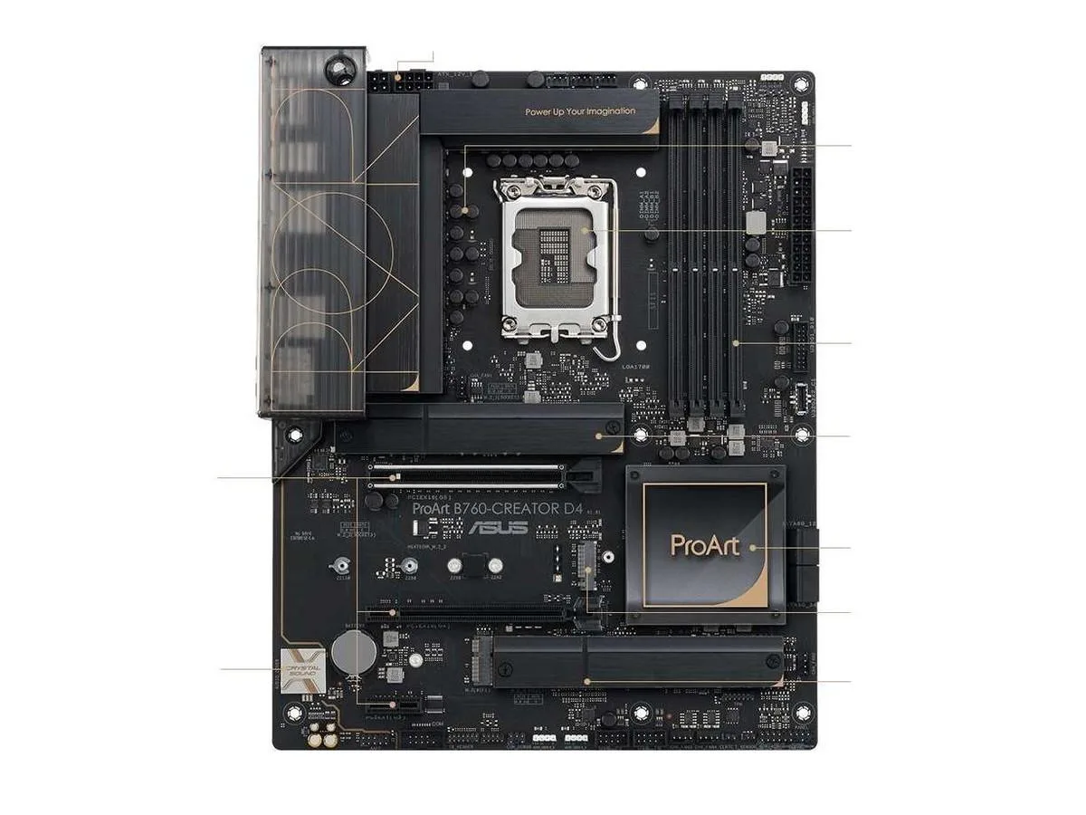 ATX motherboard with dark PCB and metallic heatsinks