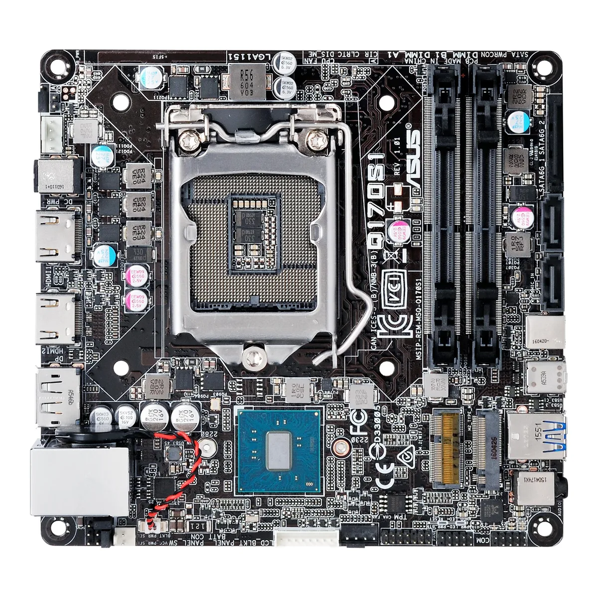 Green Mini STX motherboard with LGA 1151 socket, PCIe x16 slot and M.2 slot