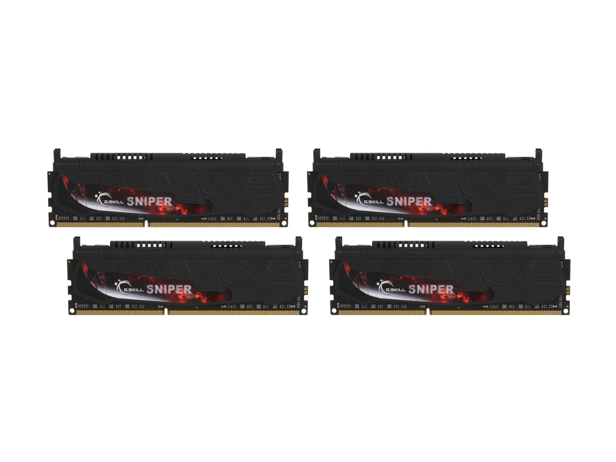 Four green DDR3 modules with low-profile heat spreaders