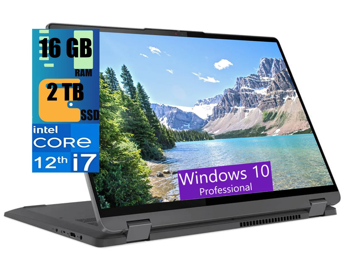 Grey 2-in-1 laptop with 16 inch touchscreen and thin profile