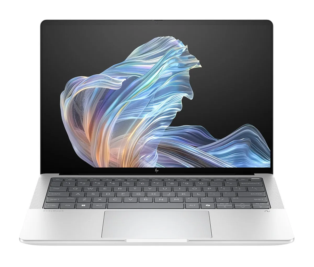 Silver 14-inch OLED touchscreen laptop, slim tapered profile, 3.3 lb