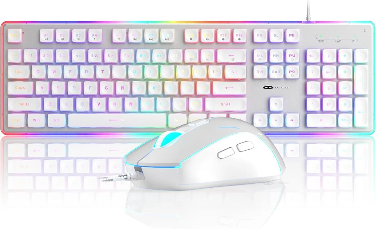 White full-size keyboard with pudding keycaps and RGB lighting plus matching wired mouse