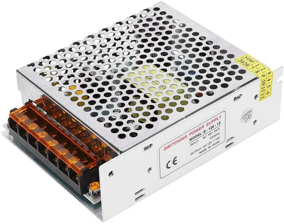 Rectangular aluminium power supply with screw terminals and voltage adjuster