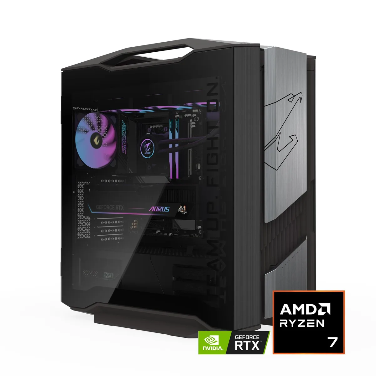 Black mid-tower gaming desktop with tempered glass side panel