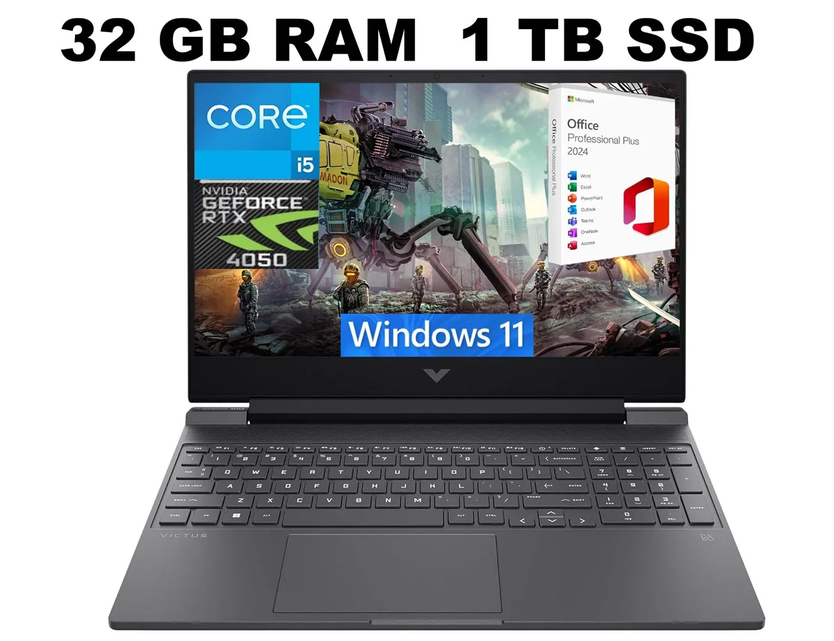 Black 15.6 inch gaming laptop, matte finish, thin bezel display, backlit keyboard with numpad