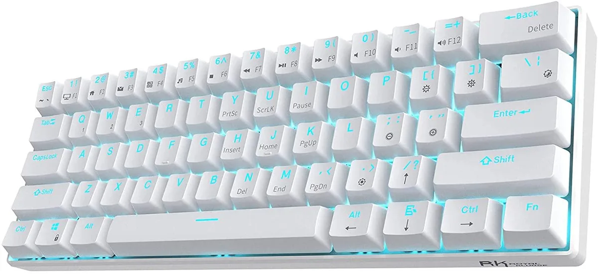 White compact 61-key mechanical keyboard with red switches and blue backlighting