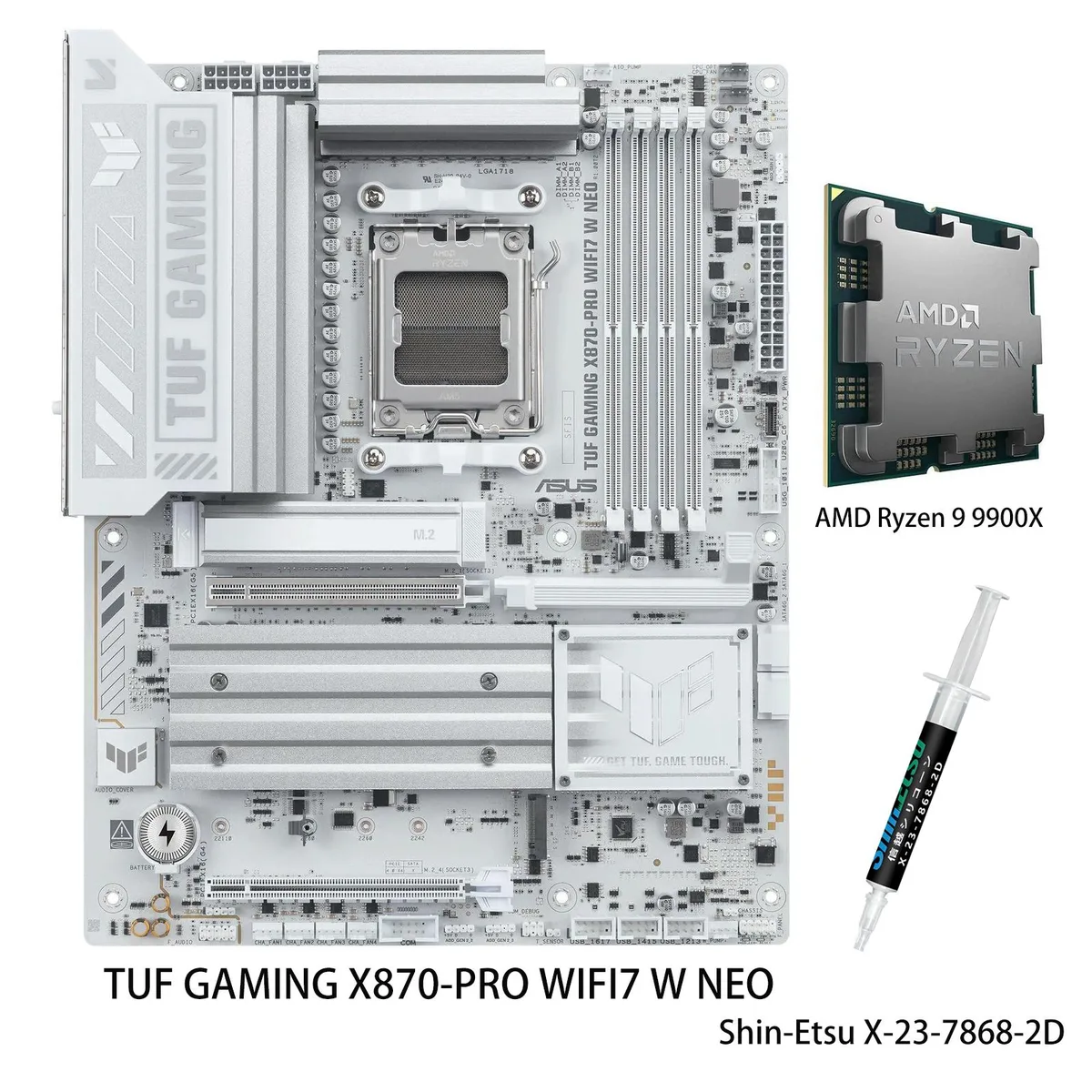 ATX motherboard in dark grey with yellow accents, CPU cooler not included