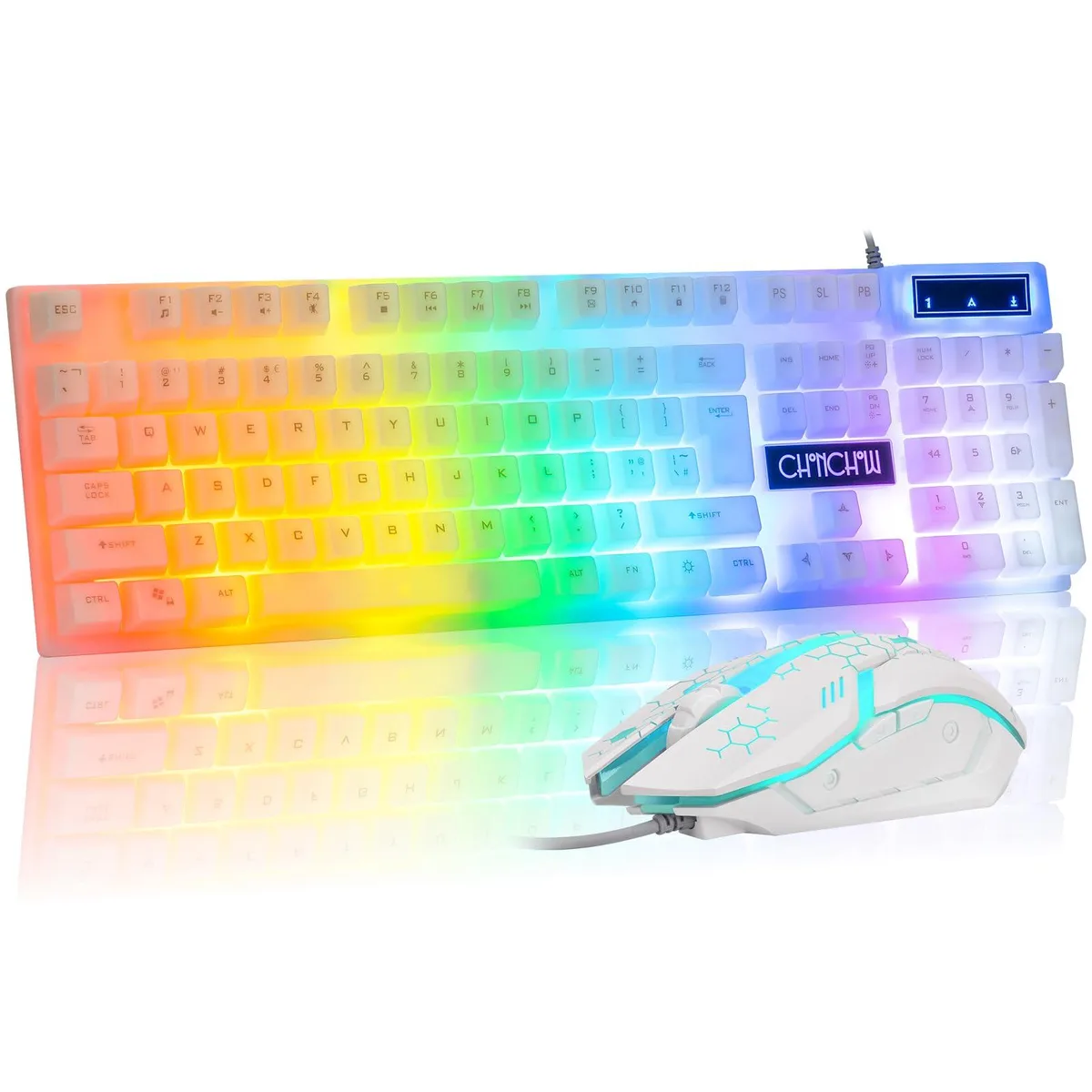 White wired keyboard with rainbow backlighting and black wired mouse with seven-color lighting