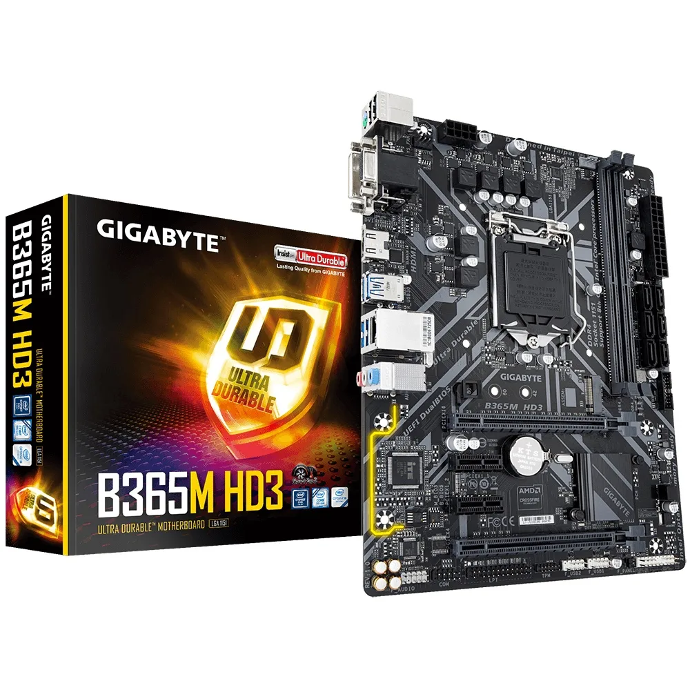 Gigabyte B365M HD3 Micro ATX motherboard in black and grey