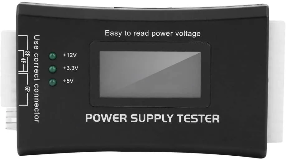 Black rectangular power supply tester with LCD screen and multiple connectors, 12 x 6.5 x 1.5 cm