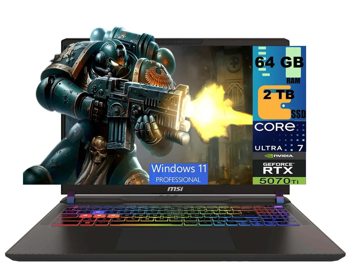Black 16-inch gaming laptop, matte finish, RGB keyboard visible, closed lid showing MSI logo