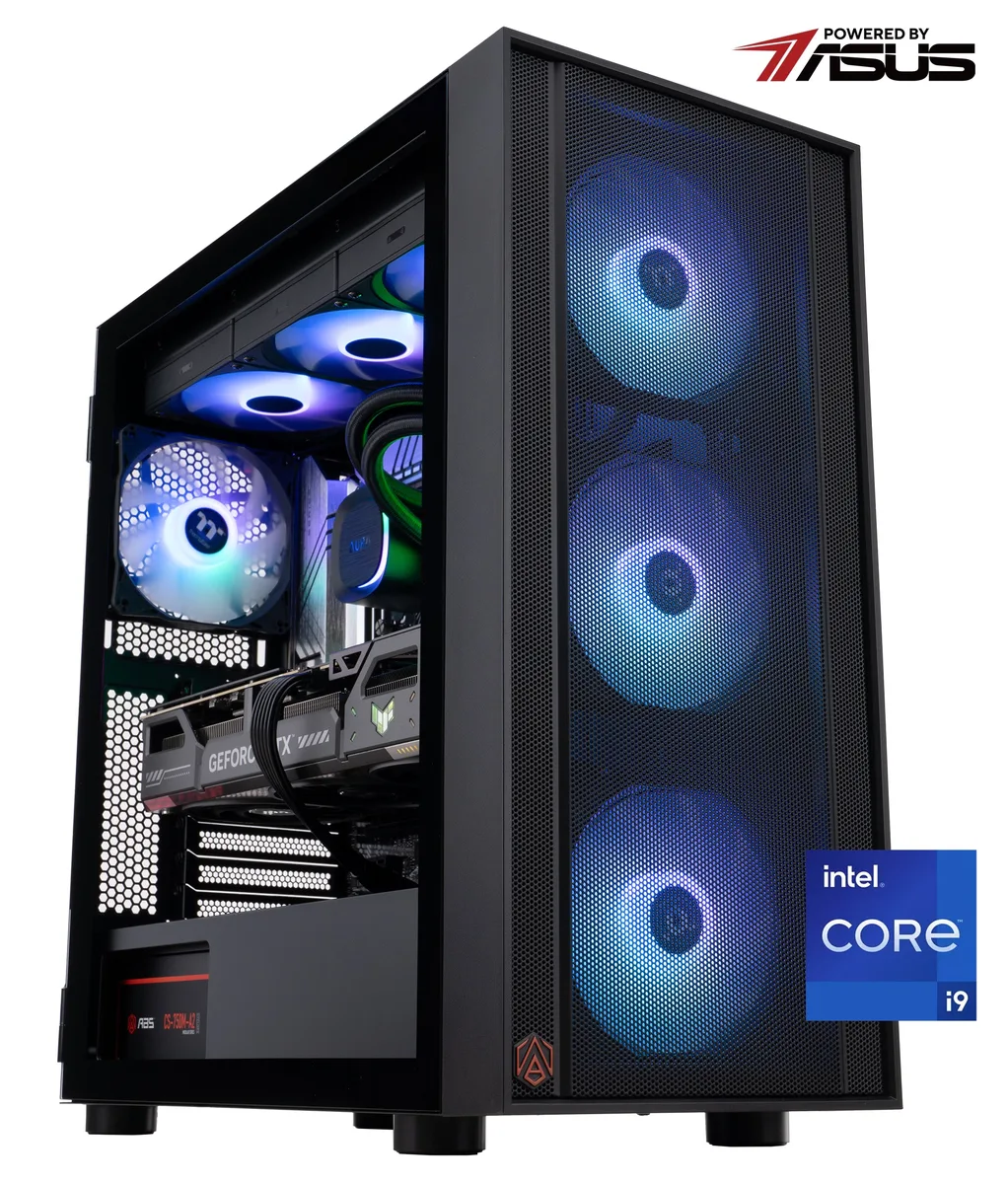Black mid-tower desktop with side glass panel