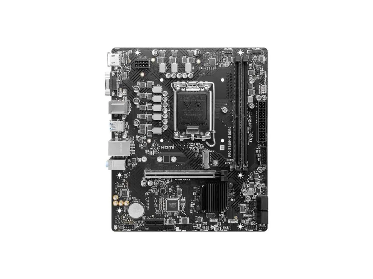 Green Micro-ATX motherboard with black LGA 1700 socket, four DDR4 slots, silver PCIe slots, rear I/O shield attached