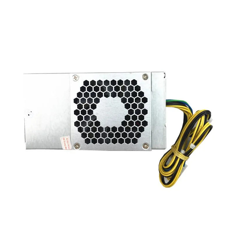 Rectangular black metal ATX power supply unit with ventilation grille and label