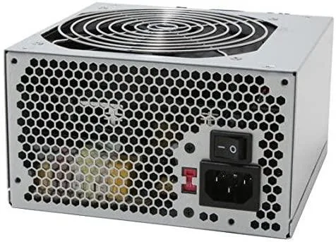 Grey metal ATX power supply unit with a 12cm fan grille and rear power socket