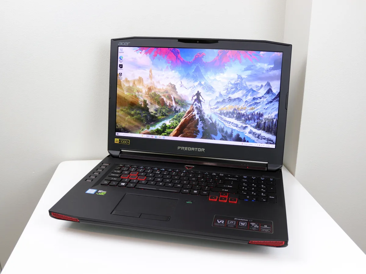 Black 17.3 inch gaming laptop with RGB backlit keyboard and large chassis