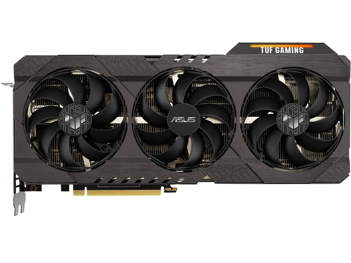 ASUS TUF Gaming RTX 3070 graphics card with triple axial fans and metal backplate