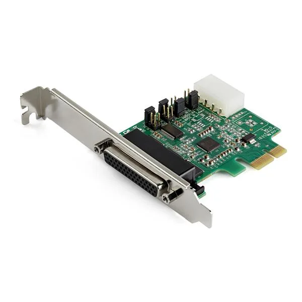 Green PCB expansion card with four DB9 serial ports on a metal bracket