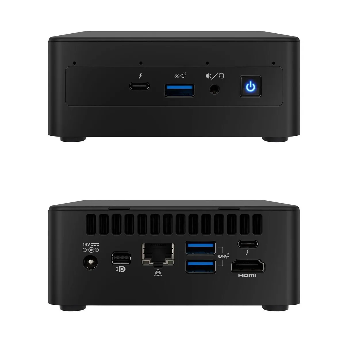 Small black square mini PC with front IR port and audio jack