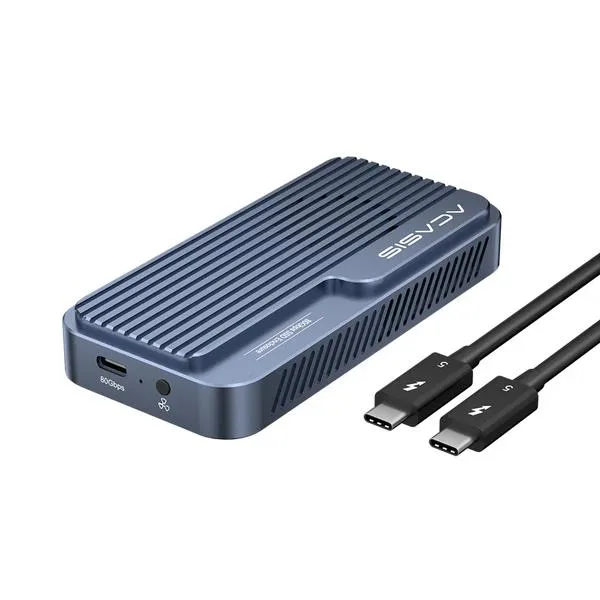 Blue aluminum NVMe enclosure with cooling fan, 145mm long