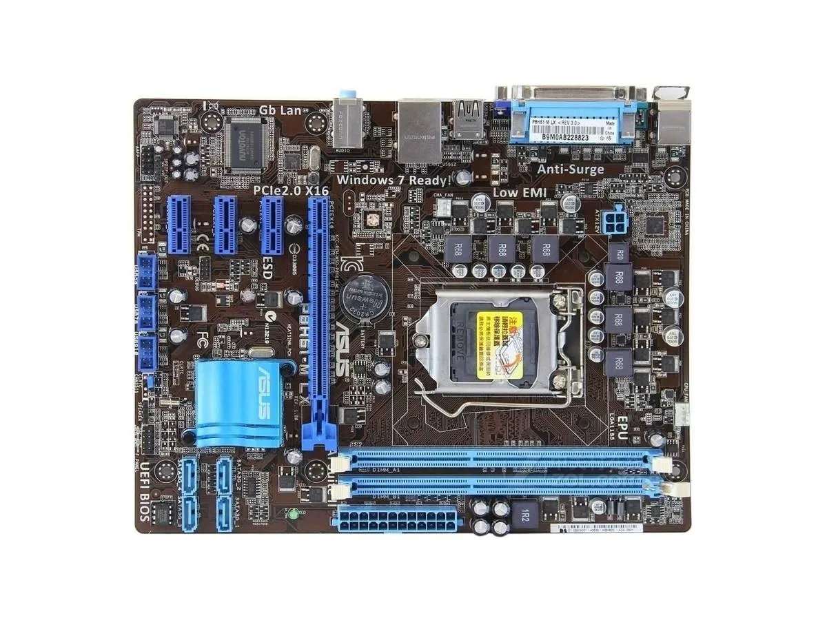 Green Micro ATX motherboard with silver LGA 1155 socket and blue DDR3 slots