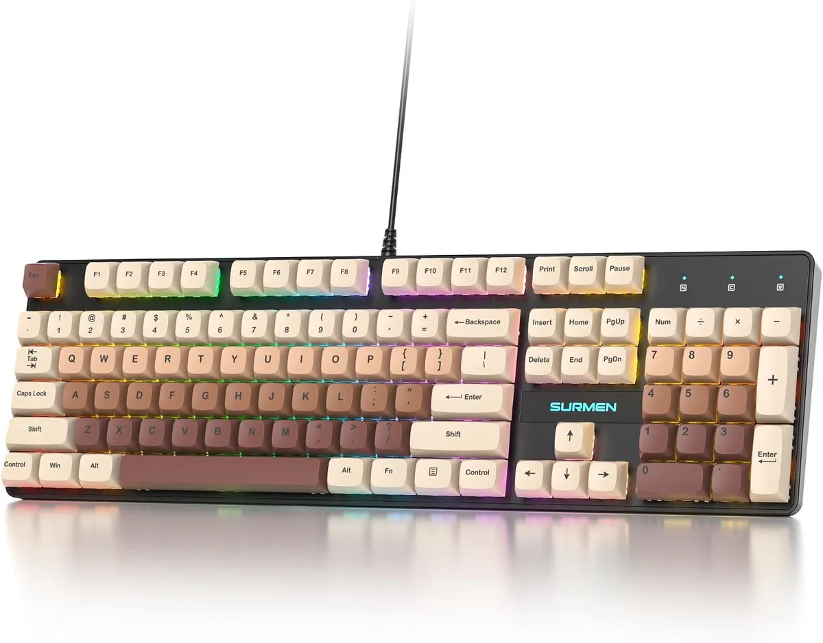 Creamy full-size wired gaming keyboard with 104 keys and RGB backlighting