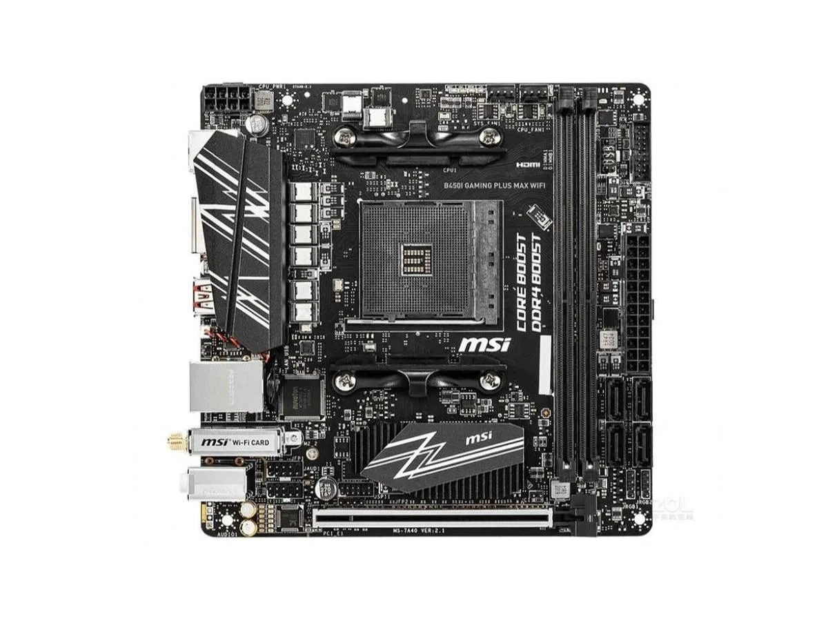 Compact Mini-ITX motherboard in matte black with silver heatsinks and integrated I/O shield