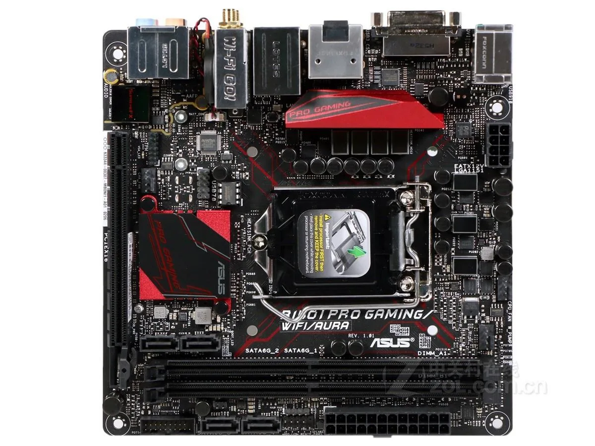 Mini-ITX motherboard with black PCB and metallic heatsinks