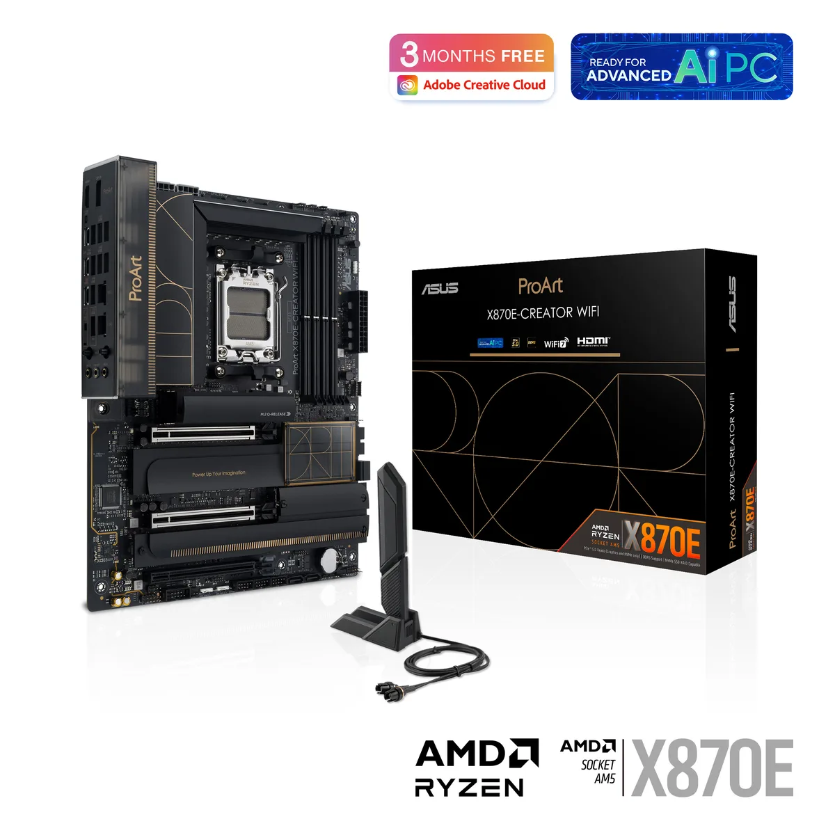 ATX motherboard in dark finish with silver heatsinks and rear I/O shield