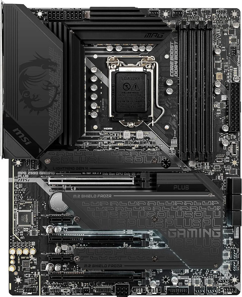 Black ATX motherboard with silver heatsinks and I/O shield