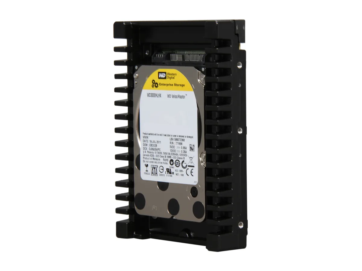 Silver 3.5 inch bare hard drive with black IcePack mounting frame and exposed circuit board