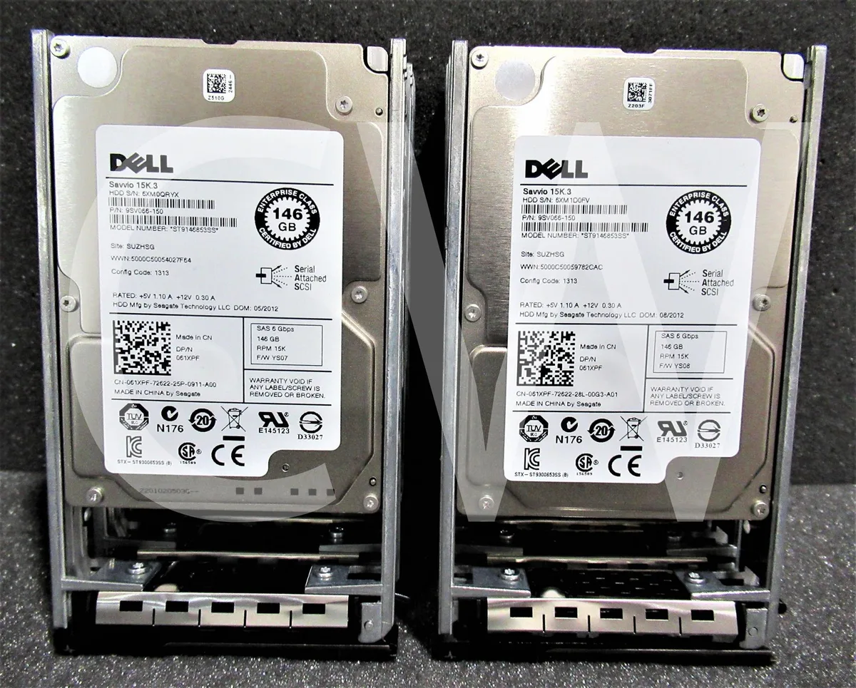 Ten silver 2.5 inch SAS hard drives with black caddies