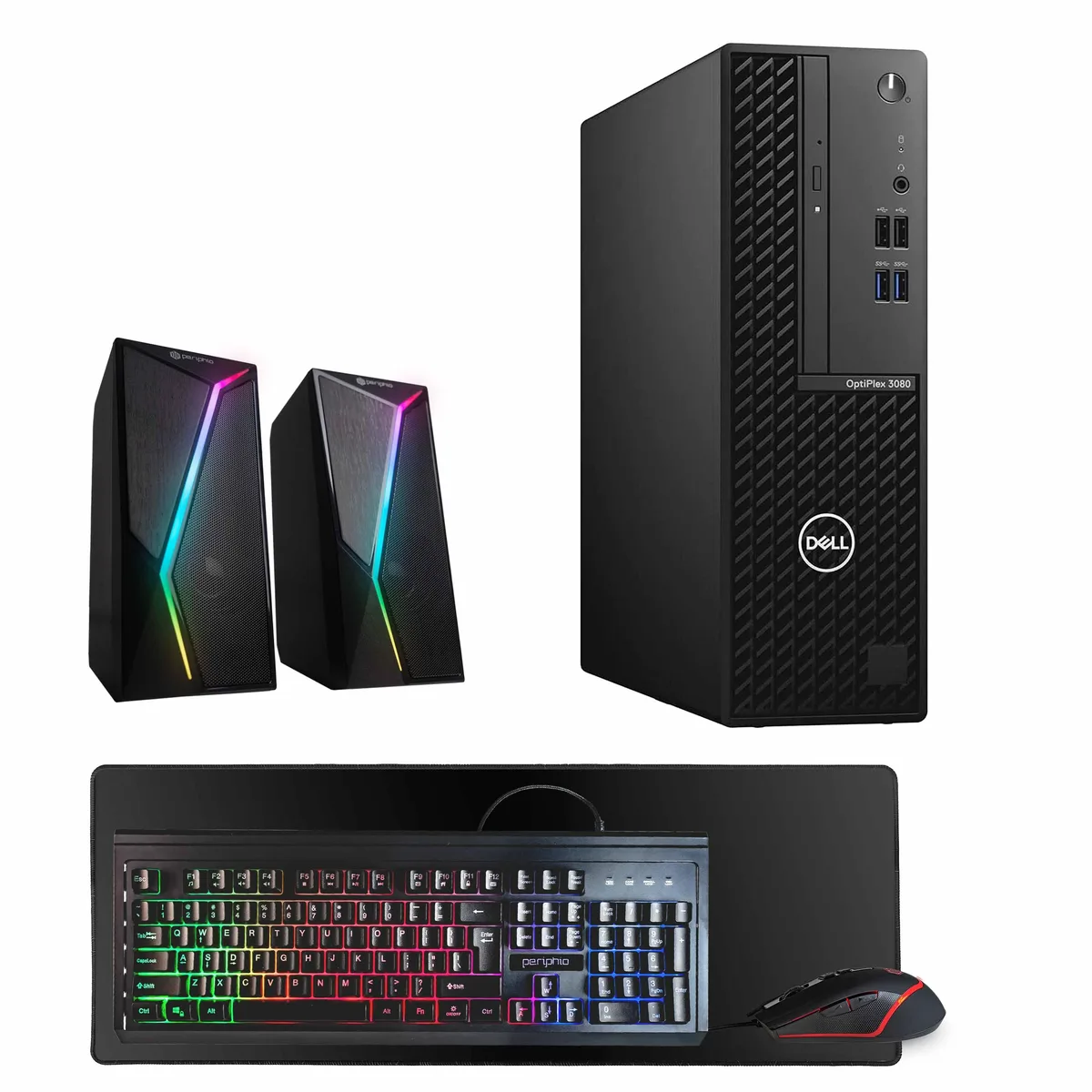 Black Dell OptiPlex 3080 tower with RGB speakers, keyboard and mouse