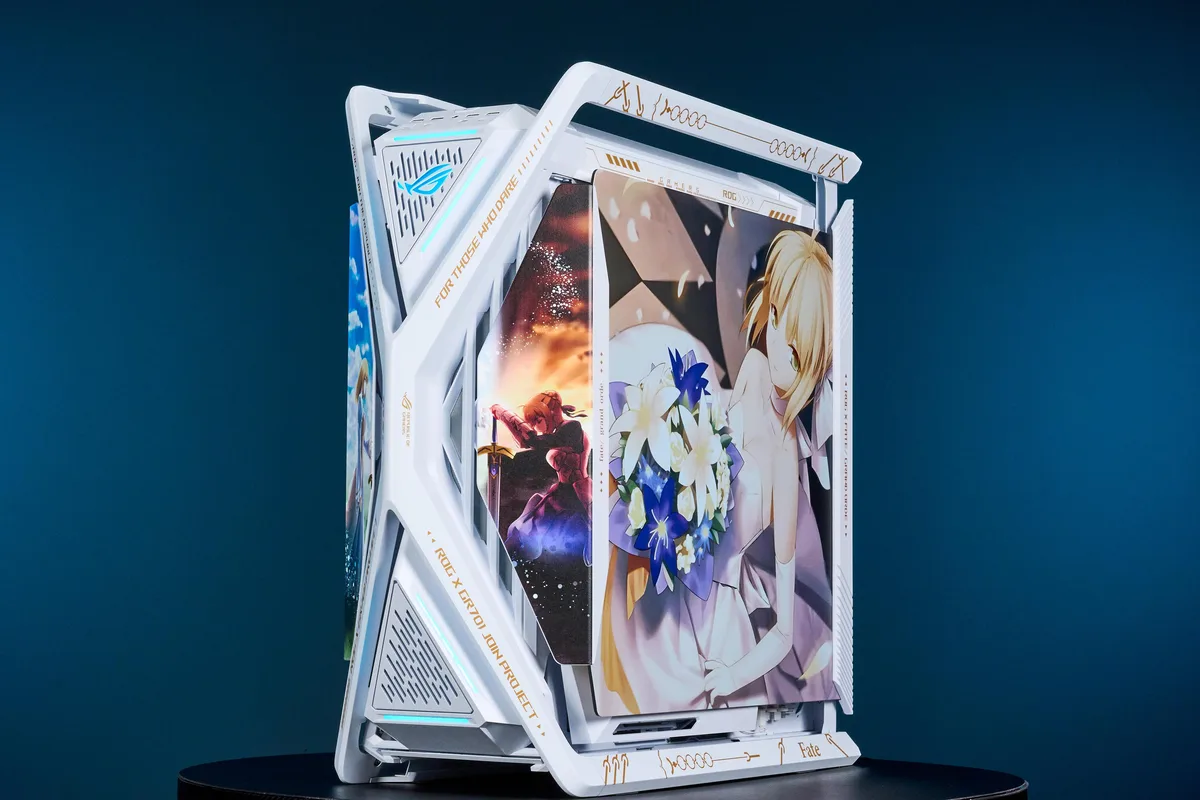 White full-tower E-ATX case with dual tempered glass panels and four pre-installed 140 mm fans